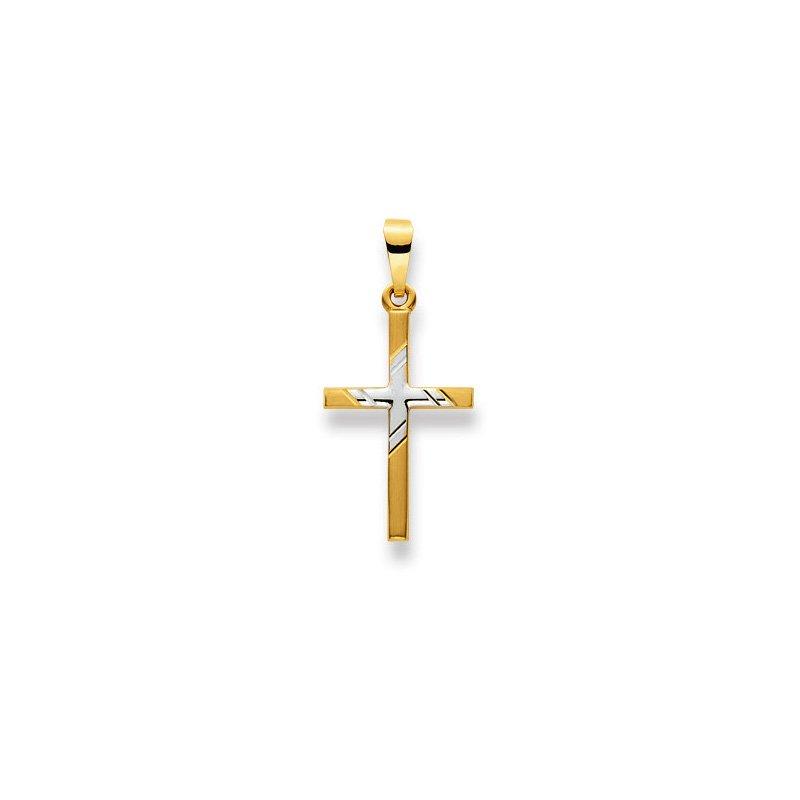 MUAU Schmuck  Pendentif croix bicolore jaune/blanc or 750, 27x13mm 