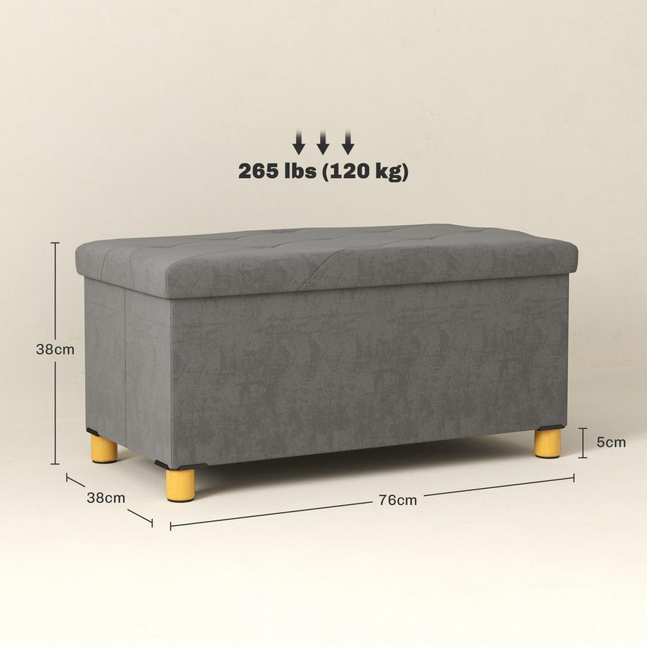 Northio Sitzbank mit Stauraum, faltbar Polsterbank, Bettbank mit Samtoptik, Sitztruhe für Flur Schlafzimmer Wohnzimmer, 76 x 38 x 38 cm Grau  