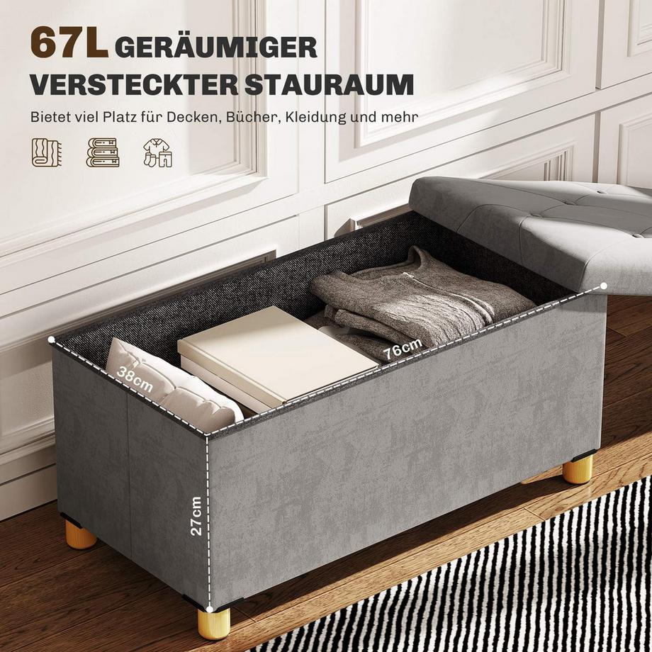 Northio Sitzbank mit Stauraum, faltbar Polsterbank, Bettbank mit Samtoptik, Sitztruhe für Flur Schlafzimmer Wohnzimmer, 76 x 38 x 38 cm Grau  
