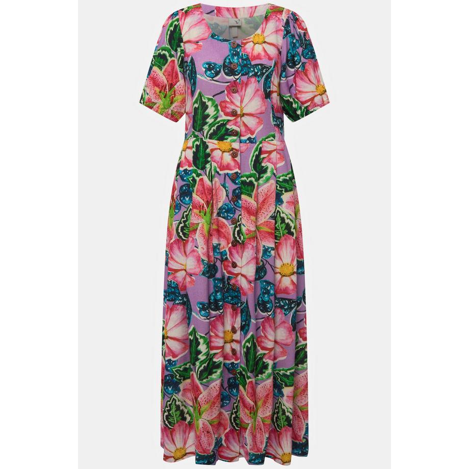 Ulla Popken Robe champêtre lin mélangé décolleté rond manches courtes  