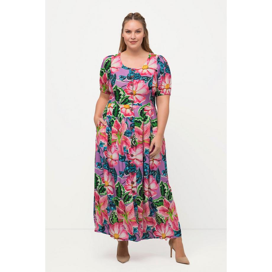 Ulla Popken Robe champêtre lin mélangé décolleté rond manches courtes  