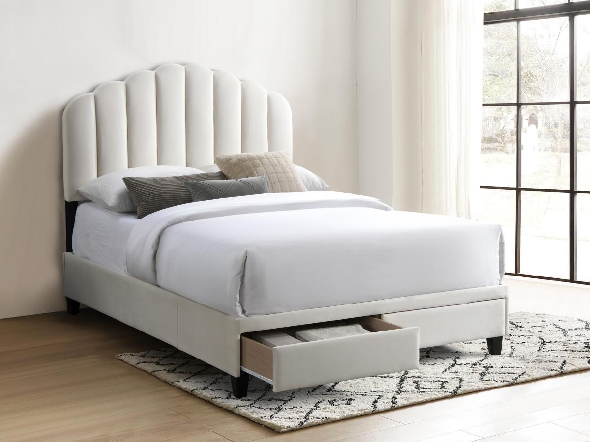 Vente-unique Lit 140 x 190 cm avec tiroirs - Velours - Ivoire + Matelas - ILISIO  