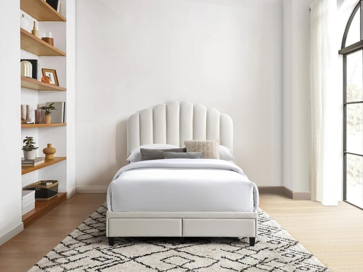 Vente-unique Lit 140 x 190 cm avec tiroirs - Velours - Ivoire + Matelas - ILISIO  