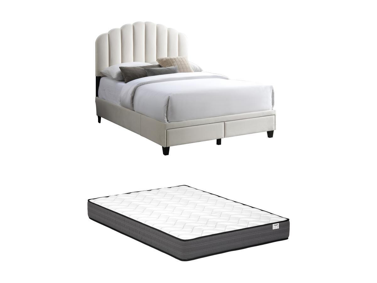 Vente-unique Lit 140 x 190 cm avec tiroirs - Velours - Ivoire + Matelas - ILISIO  