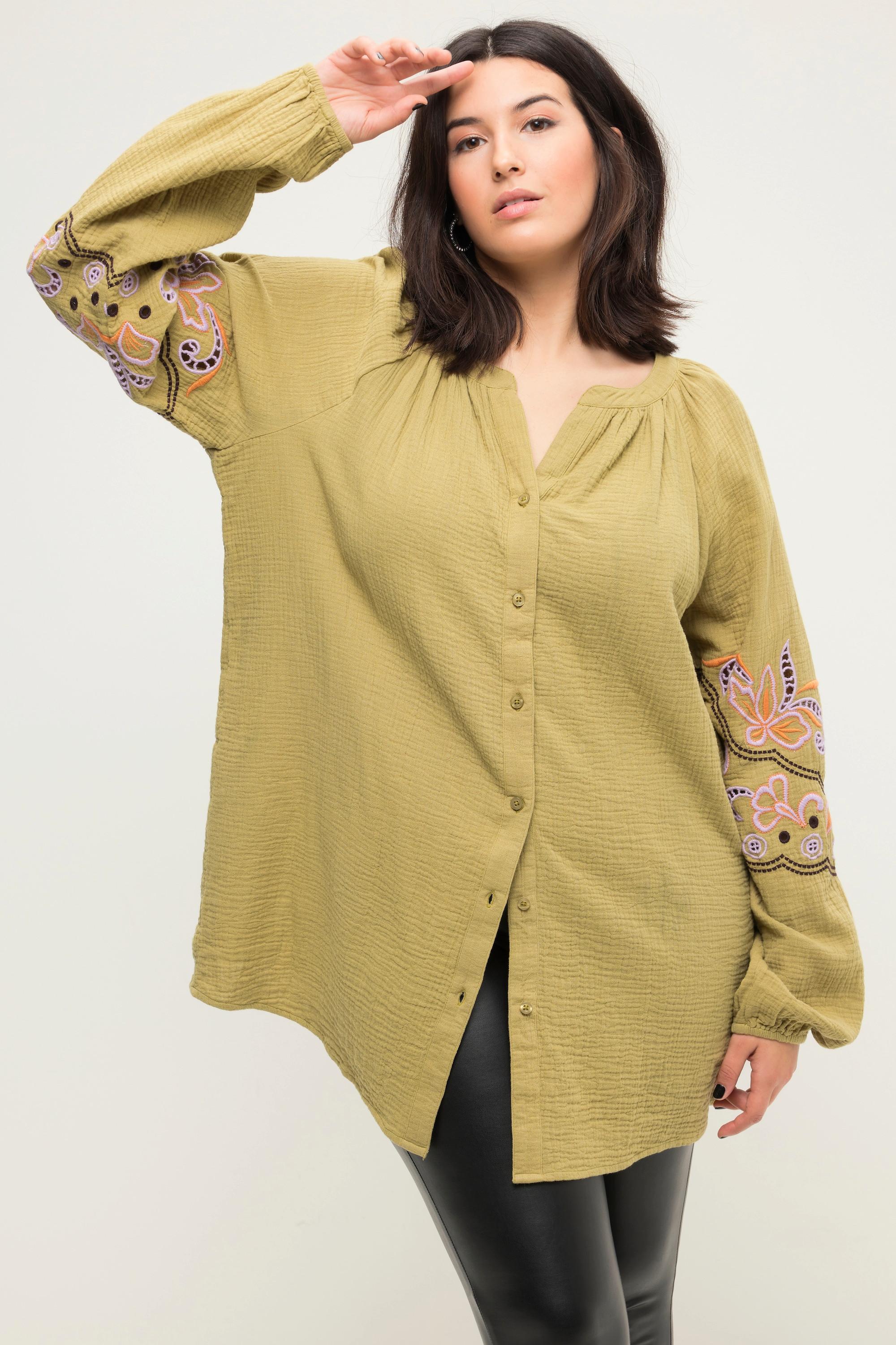 Studio Untold  Musselin-Bluse, oversized, Tunika-Ausschnitt, Stickereien 