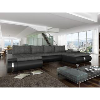 Vente-unique Canapé d'angle panoramique convertible et réversible en tissu et simili noir et anthracite AZELMA II  