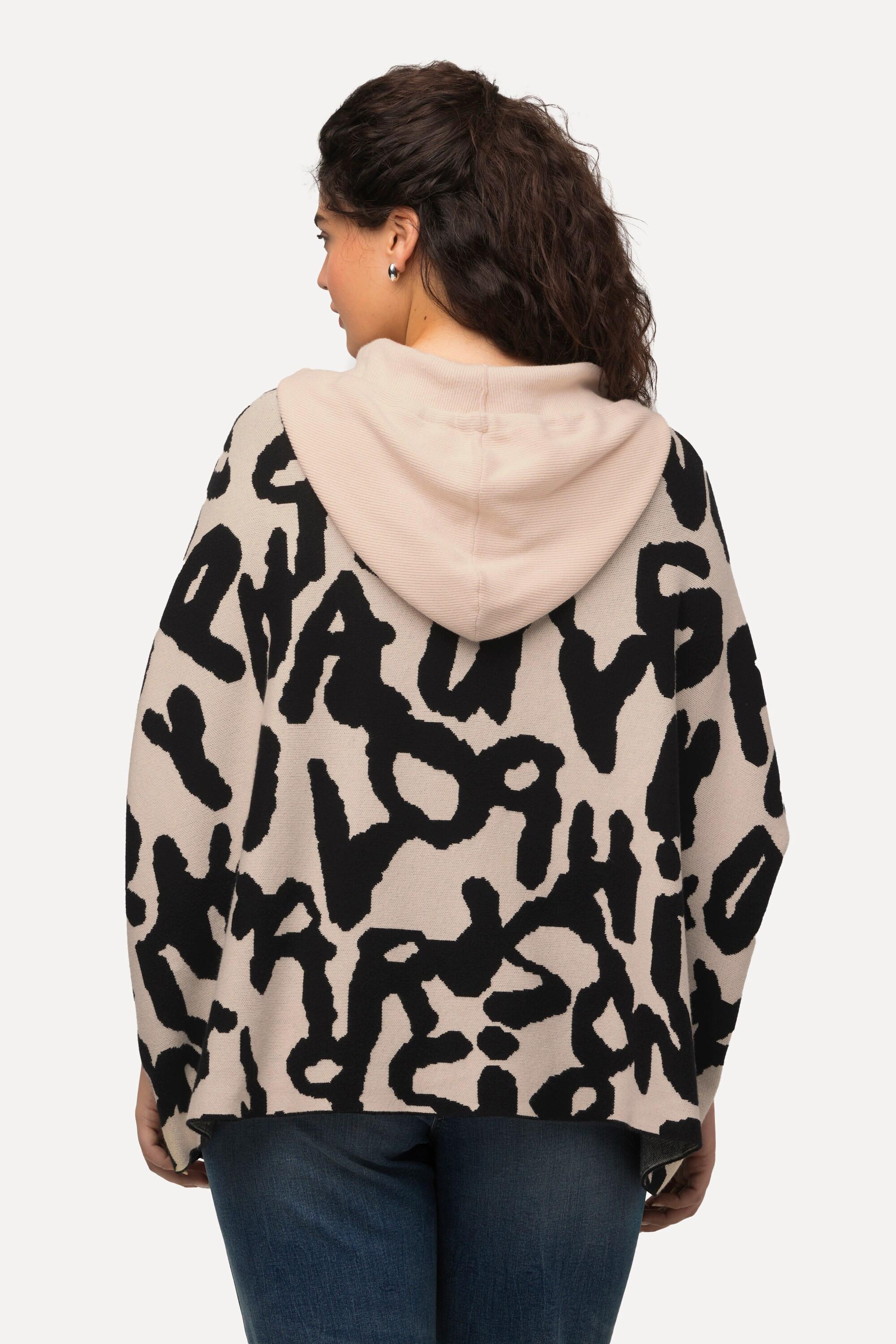 Ulla Popken  Poncho con cappuccio, design leopardato, maglia fine e maniche lunghe 