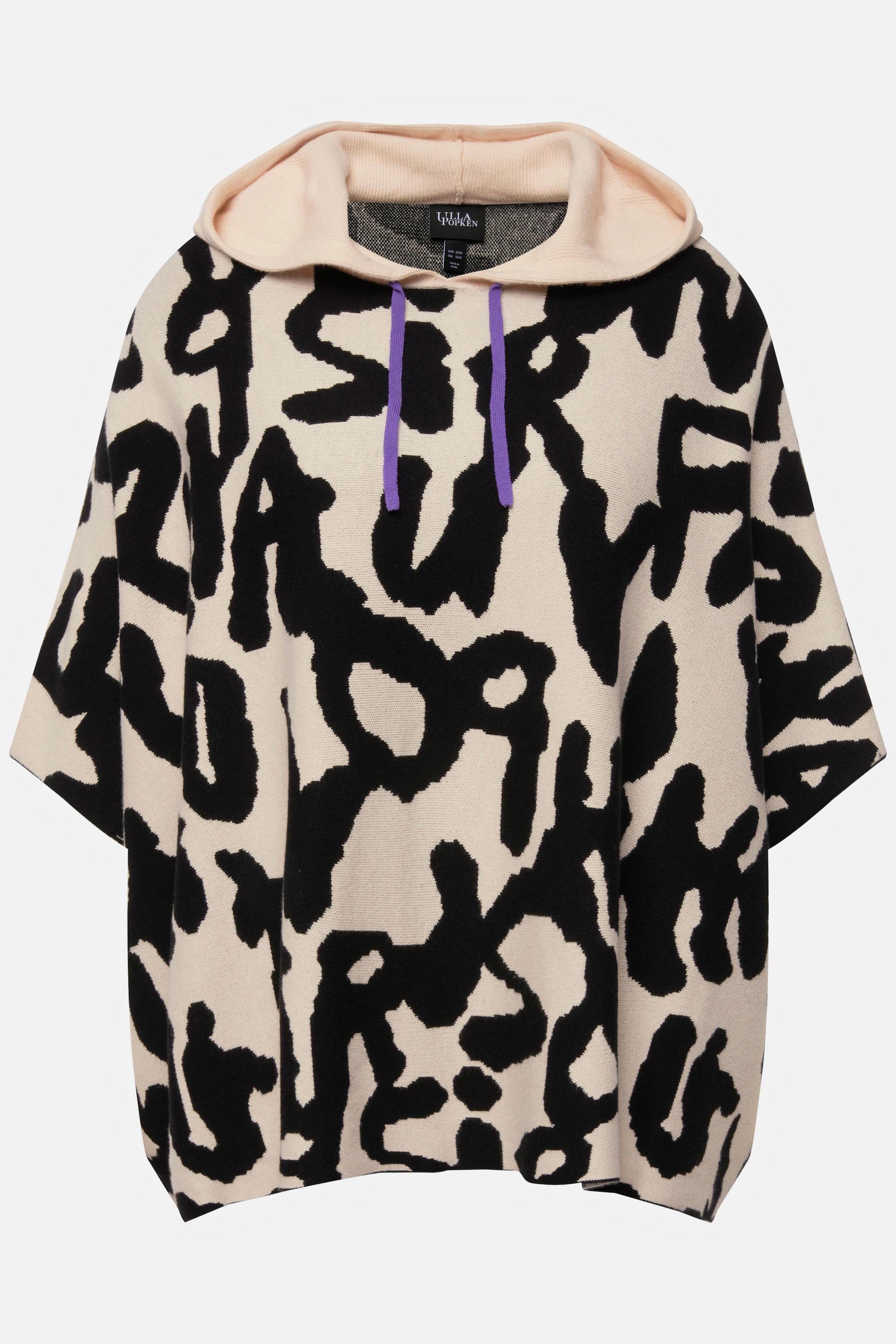 Ulla Popken  Poncho con cappuccio, design leopardato, maglia fine e maniche lunghe 