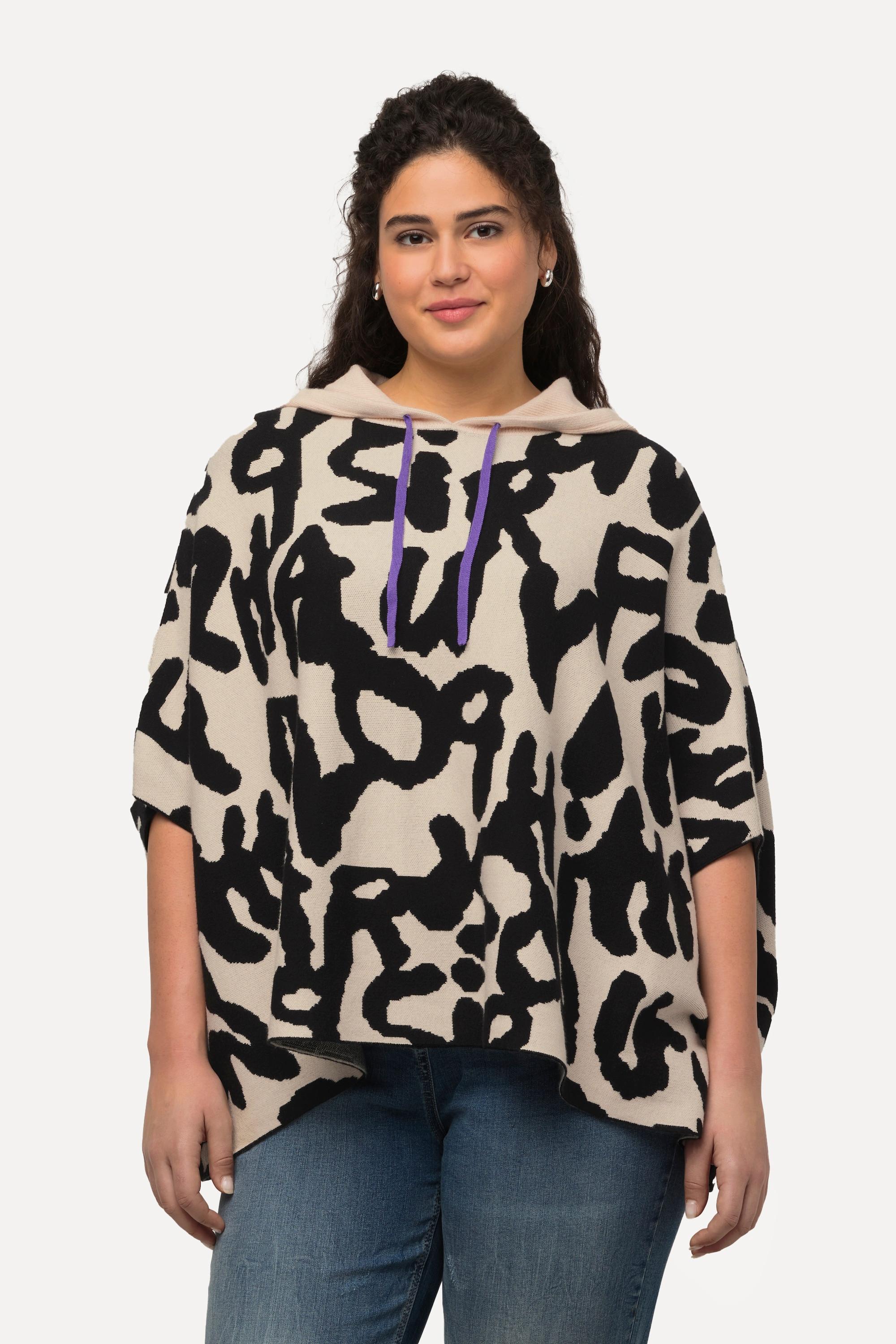 Ulla Popken  Poncho con cappuccio, design leopardato, maglia fine e maniche lunghe 