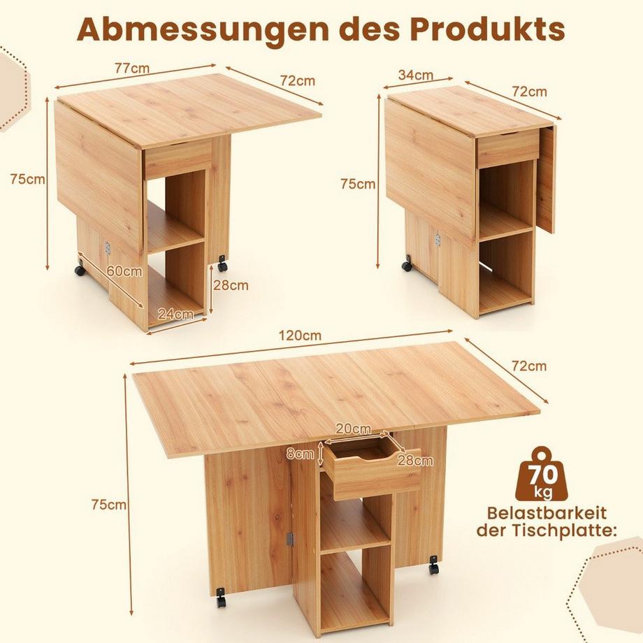 Northix Esstisch klappbar mit 2 Rädern mobiler Klapptisch Esszimmertisch mit 2-stufiger Ablagefläche und Schublade Holz  