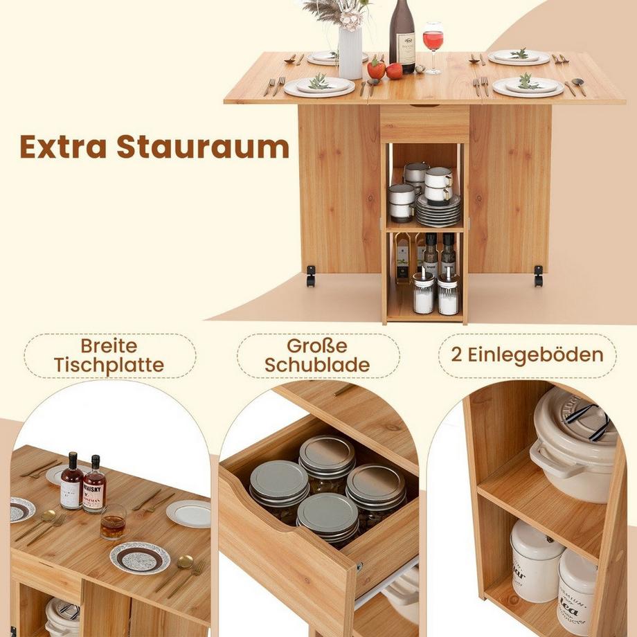 Northix Esstisch klappbar mit 2 Rädern mobiler Klapptisch Esszimmertisch mit 2-stufiger Ablagefläche und Schublade Holz  