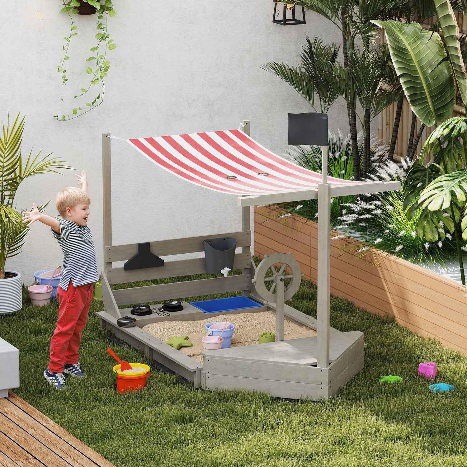 Northio  Sandkasten Sandkiste groß mit Abdeckung im Schiff Design Matschekiste aus Holz Segelschiff Spielhaus mit Küchenspielset Aufbewahrung für Kinder 3-7 Jahre Grau 180 x 103 x 144,5 cm Aosom 
