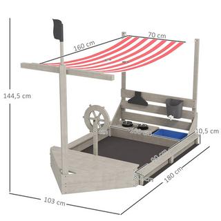 Northio  Sandkasten Sandkiste groß mit Abdeckung im Schiff Design Matschekiste aus Holz Segelschiff Spielhaus mit Küchenspielset Aufbewahrung für Kinder 3-7 Jahre Grau 180 x 103 x 144,5 cm Aosom 