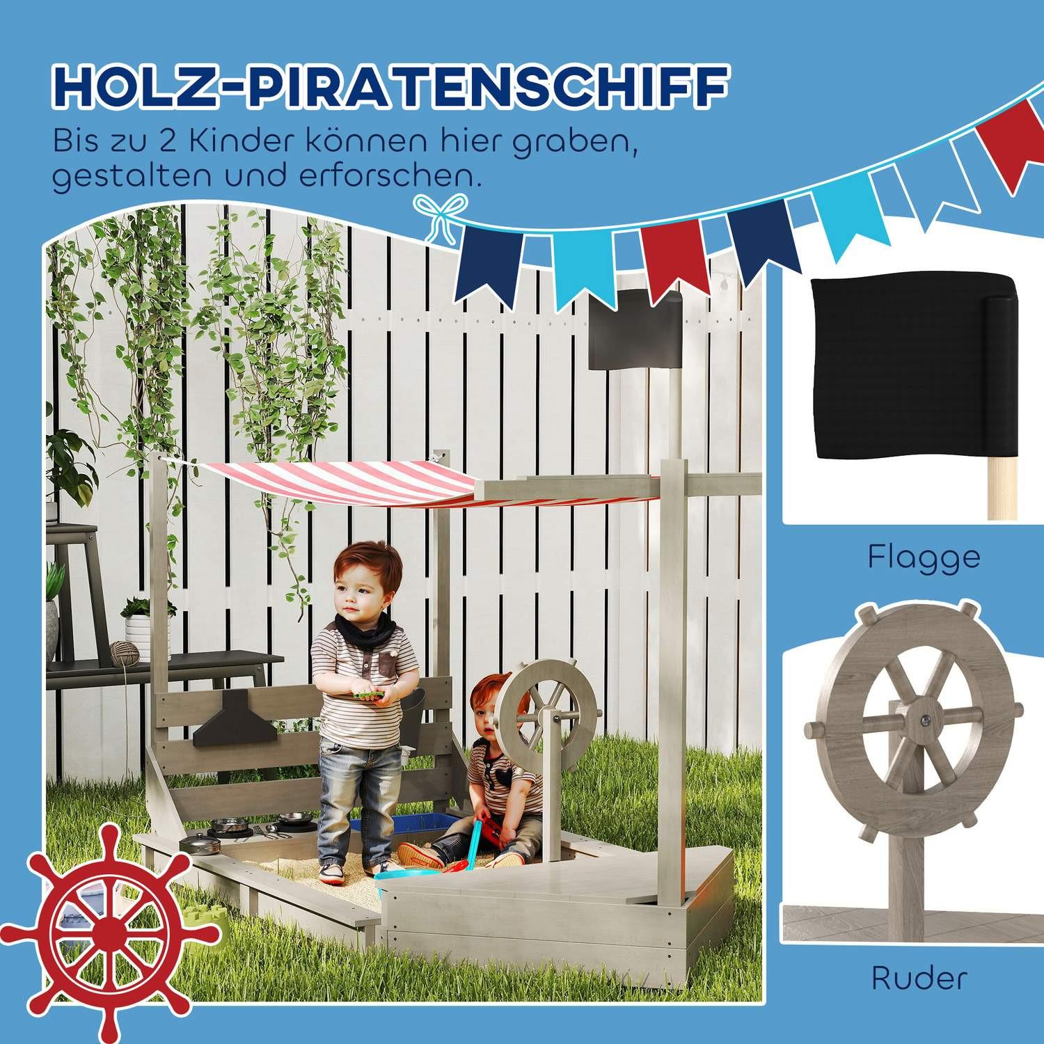Northio  Sandkasten Sandkiste groß mit Abdeckung im Schiff Design Matschekiste aus Holz Segelschiff Spielhaus mit Küchenspielset Aufbewahrung für Kinder 3-7 Jahre Grau 180 x 103 x 144,5 cm Aosom 