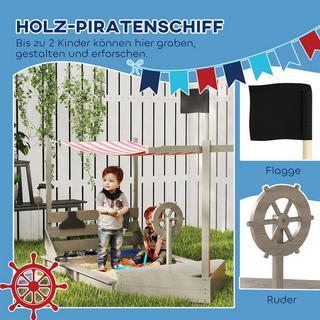 Northio  Sandkasten Sandkiste groß mit Abdeckung im Schiff Design Matschekiste aus Holz Segelschiff Spielhaus mit Küchenspielset Aufbewahrung für Kinder 3-7 Jahre Grau 180 x 103 x 144,5 cm Aosom 