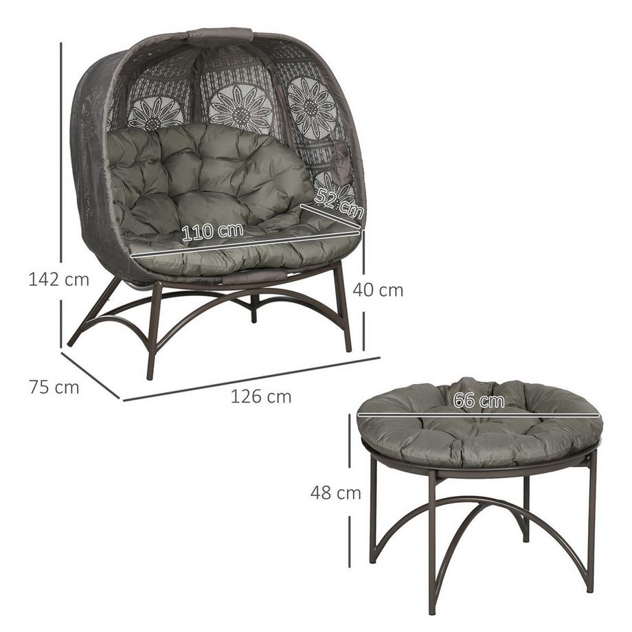 Northio 3 Pièces. Ensemble De Chaises De Jardin, Chaise En Osier Avec Panier De Siège Pliable, Table Basse, Coussin, Chaise Longue Pour Terrasse, Balcon, Acier, Sable  