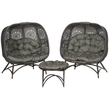 Soleggiato 3 Pz. Set Sedie Da Giardino, Sedia In Vimini Con Cestino Pieghevole, Tavolino Da Caffè, Cuscino, Poltrona Lounge Per Patio, Balcone, Acciaio, Sabbia