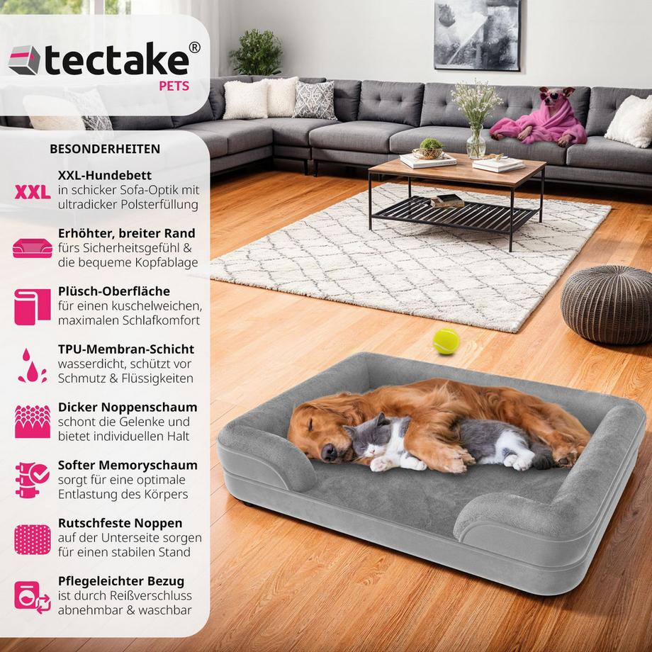 Tectake  Orthopädisches Hundebett Kimba mit abnehmbarem, wasserdichtem Plüschbezug dicke und ergonomische Polsterung mit erhöhtem Rand 