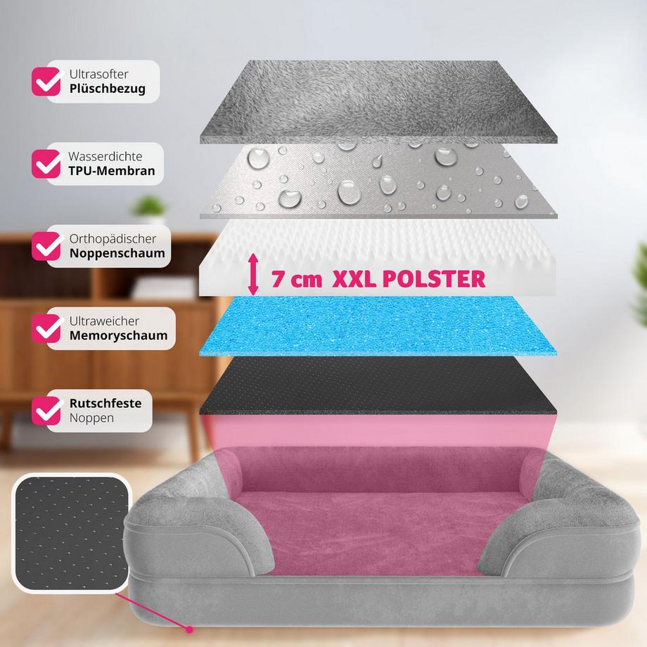 Tectake  Orthopädisches Hundebett Kimba mit abnehmbarem, wasserdichtem Plüschbezug dicke und ergonomische Polsterung mit erhöhtem Rand 