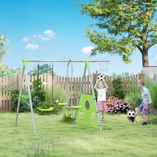 Northio Balançoire d'extérieur 4 en 1 avec balançoire, toboggan pour 2 personnes, but de football, panier de basket, balançoire de jardin, balançoire pour enfants avec cadre en métal pour enfants  