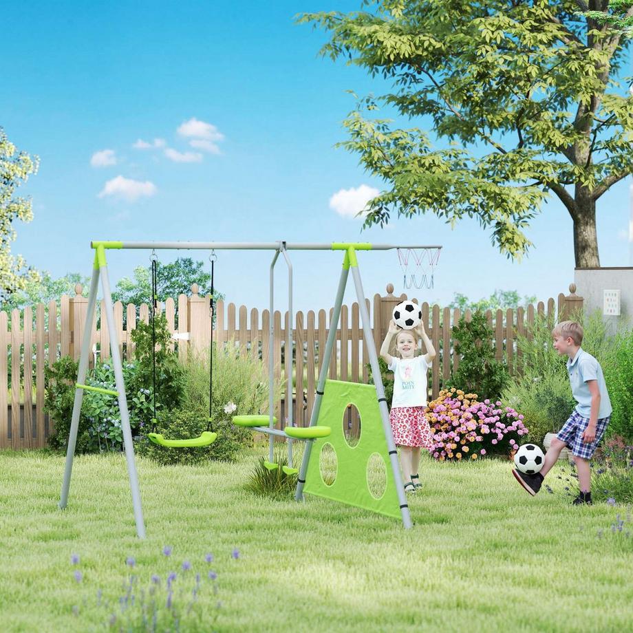Northio 4 in 1 Schaukelgestell Outdoor Schaukelgerüst mit Schaukel, 2-Personen-Gleitbahn, Fußballtor, Basketballkorb, Gartenschaukel Kinderschaukel mit Metallgestell für Kinder Aosom  