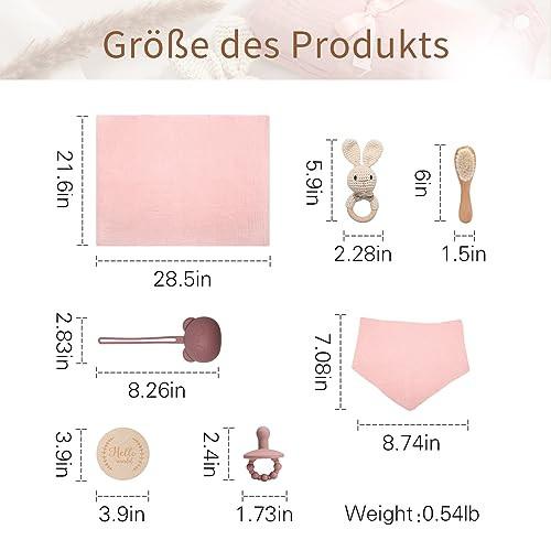 Activity-board  Cadeau de naissance 7 en 1 pour bébé - Ensemble bain-douche en mousseline, bavoir, hochet, sucette avec sac (lapin rose) 