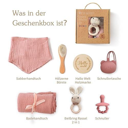 Activity-board  Baby Geschenk zur Geburt 7-in-1 Babygeschenke Badedusche Set Musselin Tuch, Lätzchen, Rassel 