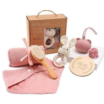 Cadeau de naissance 7 en 1 pour bébé - Ensemble bain-douche en mousseline, bavoir, hochet, sucette avec sac (lapin rose)