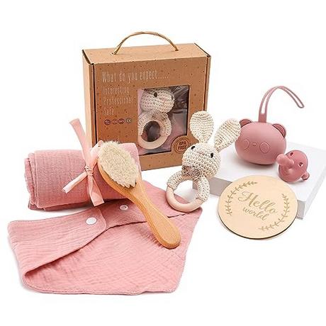 Activity-board  Cadeau de naissance 7 en 1 pour bébé - Ensemble bain-douche en mousseline, bavoir, hochet, sucette avec sac (lapin rose) 