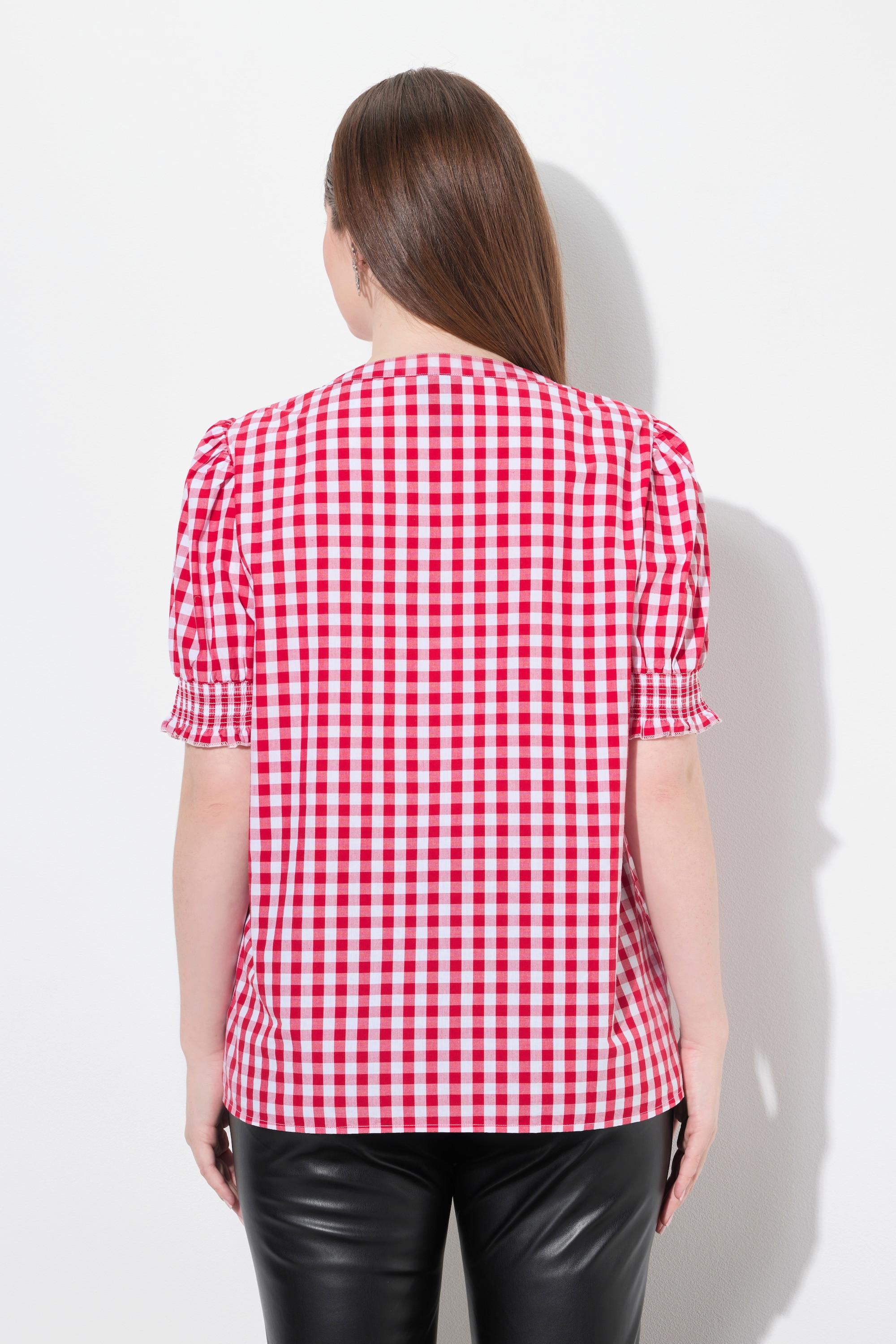 Ulla Popken Camicia Quadri Pieghe Decorativa Collo Alto Maniche Corte A Sbuffo  