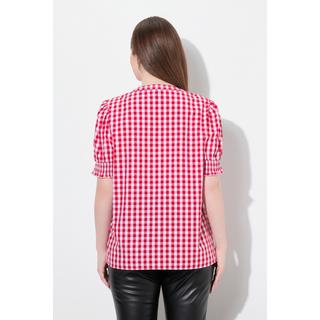 Ulla Popken Camicia Quadri Pieghe Decorativa Collo Alto Maniche Corte A Sbuffo  