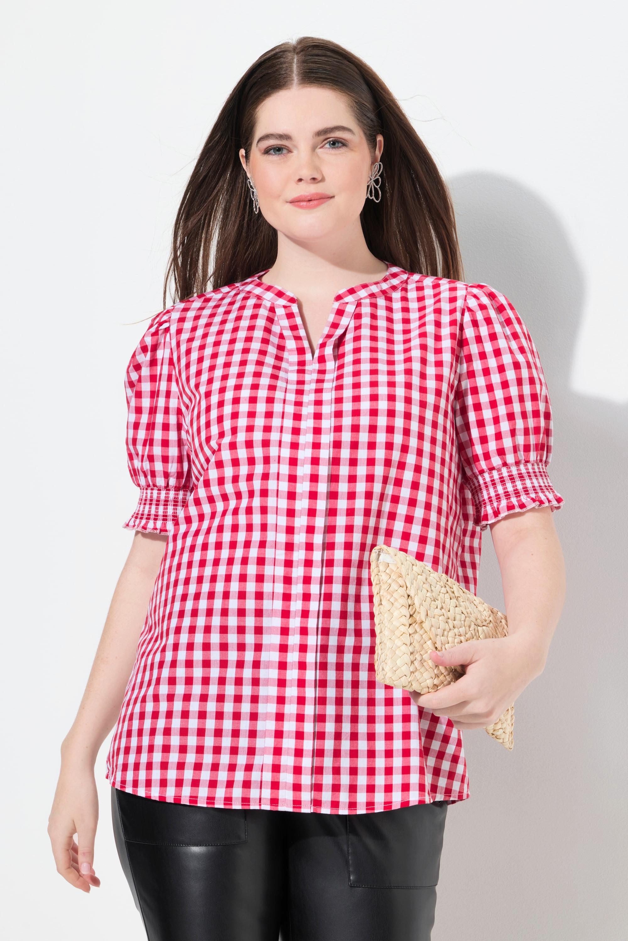 Ulla Popken Camicia Quadri Pieghe Decorativa Collo Alto Maniche Corte A Sbuffo  