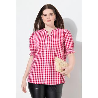 Ulla Popken Camicia Quadri Pieghe Decorativa Collo Alto Maniche Corte A Sbuffo  