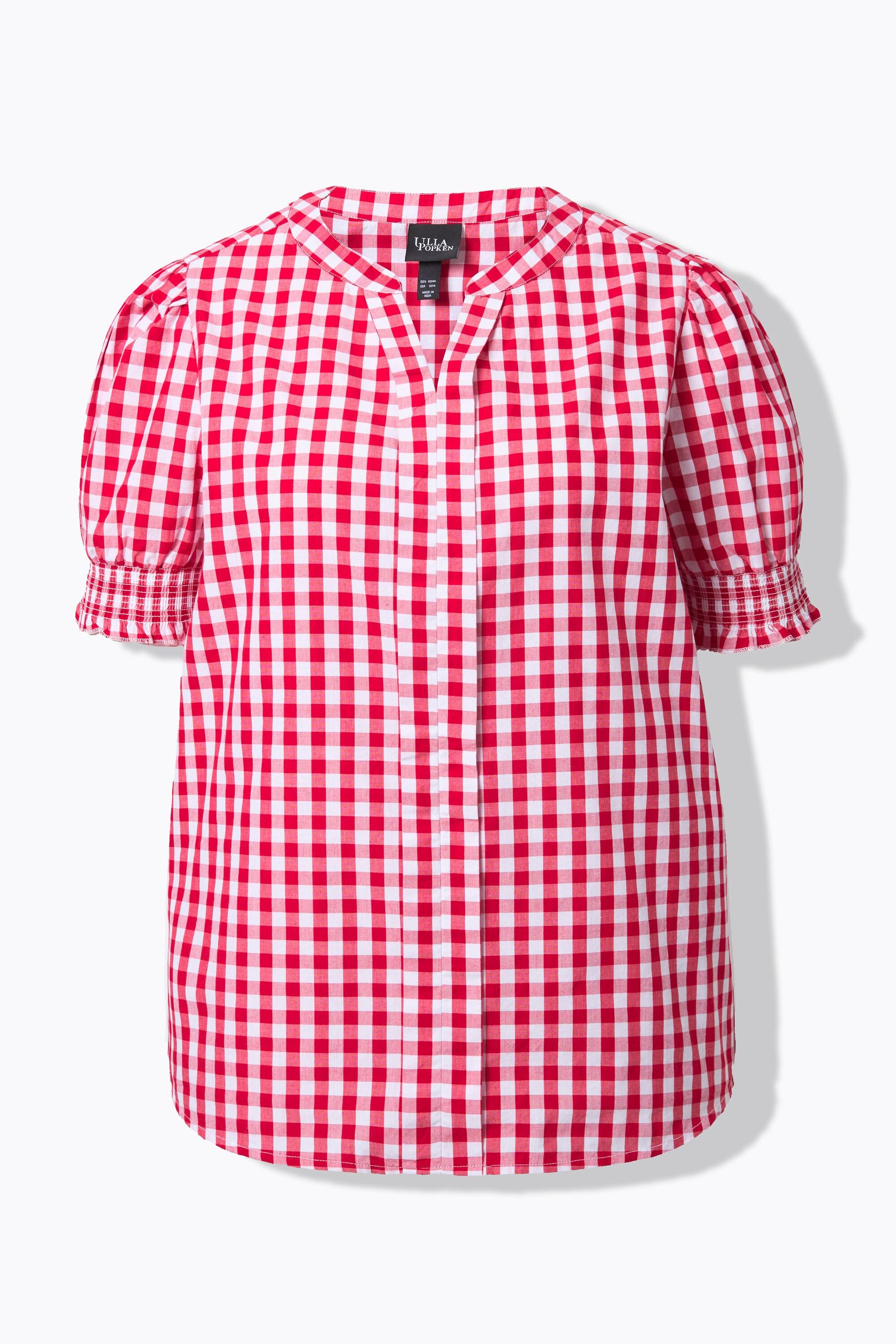 Ulla Popken Camicia Quadri Pieghe Decorativa Collo Alto Maniche Corte A Sbuffo  