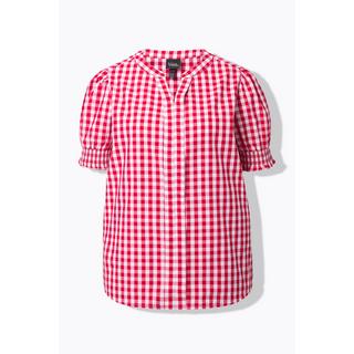 Ulla Popken Camicia Quadri Pieghe Decorativa Collo Alto Maniche Corte A Sbuffo  
