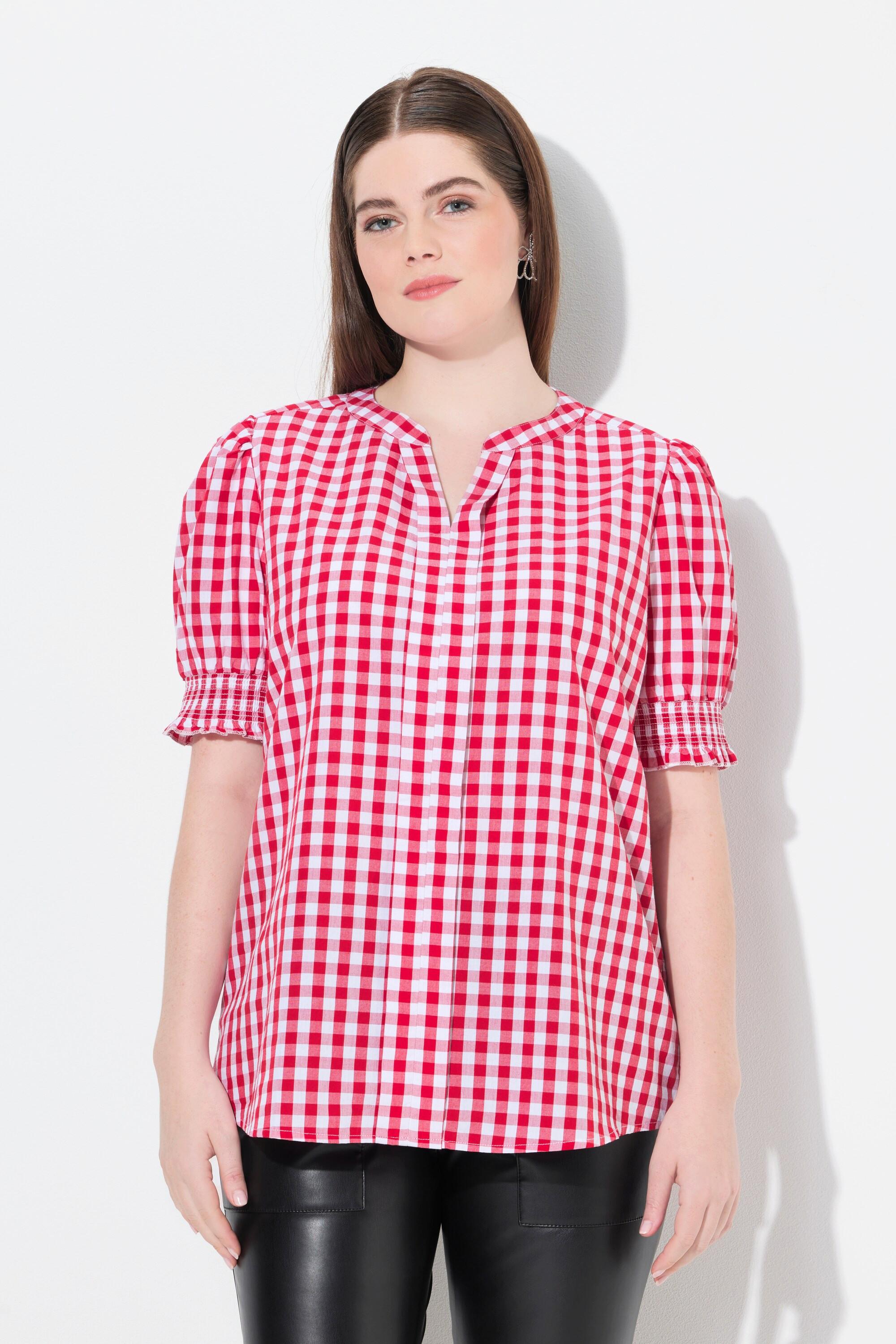 Ulla Popken Camicia Quadri Pieghe Decorativa Collo Alto Maniche Corte A Sbuffo  