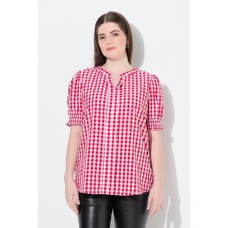 Ulla Popken Camicia Quadri Pieghe Decorativa Collo Alto Maniche Corte A Sbuffo  