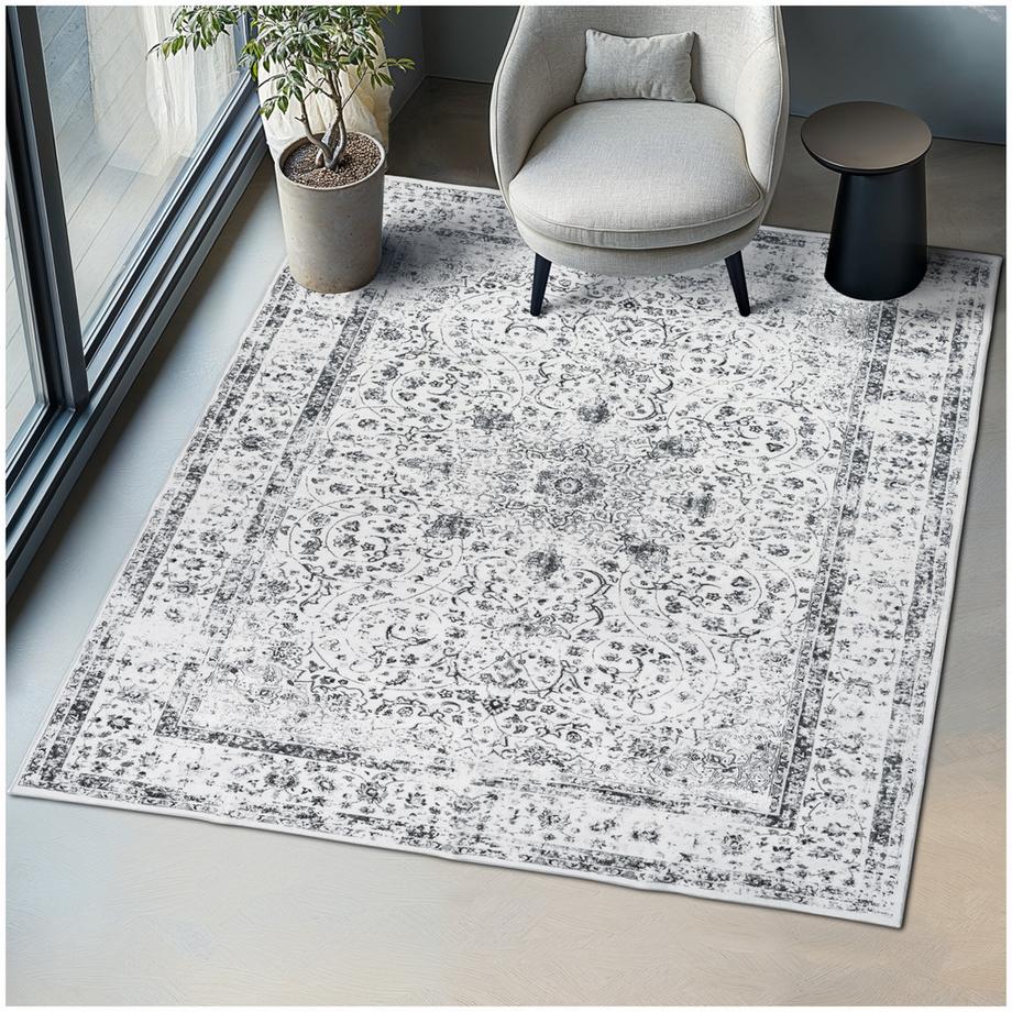 Tapis design vintage à poils courts ALIYA en laine synthétique et feutre