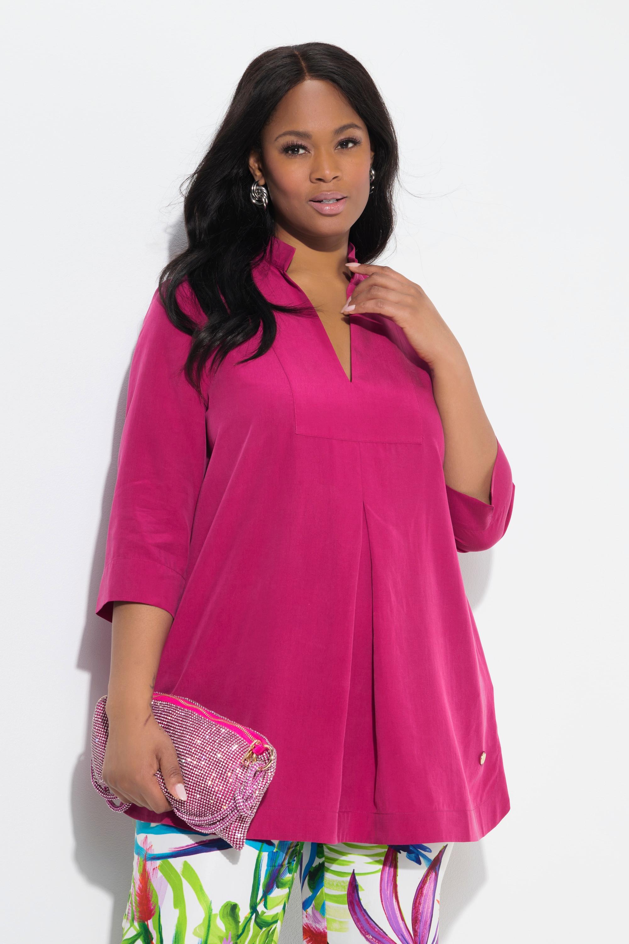 Ulla Popken Tunique Longue Empiècement Col Montant Encolure en V Manches 3/4  