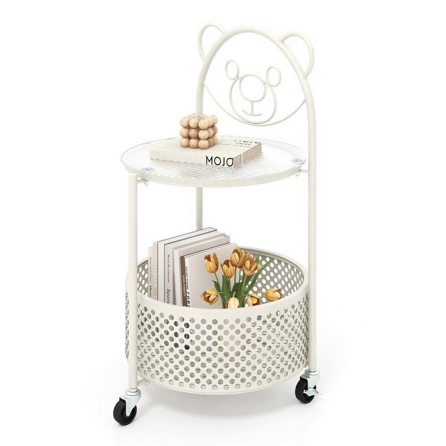 B2X Beistelltisch Glas mit Rollen 2-stufiger Glastisch rund mit Bärenmuster  