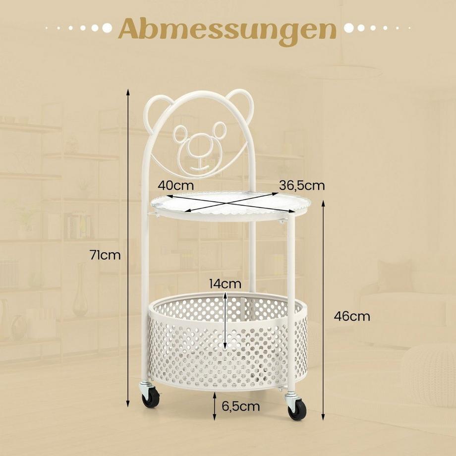 B2X Beistelltisch Glas mit Rollen 2-stufiger Glastisch rund mit Bärenmuster  