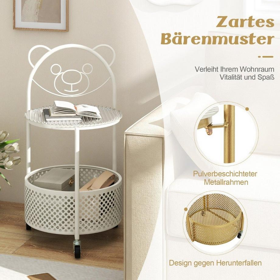 B2X Beistelltisch Glas mit Rollen 2-stufiger Glastisch rund mit Bärenmuster  