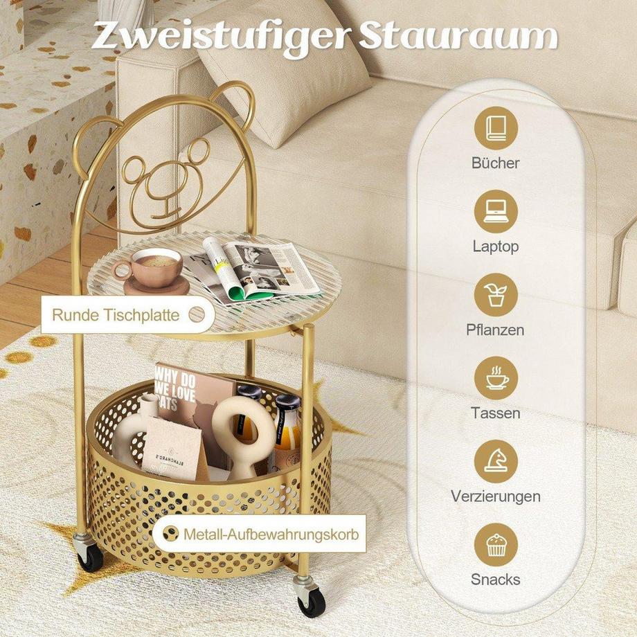 Table d'appoint en verre à roulettes Table en verre à 2 niveaux ronde avec motif ours