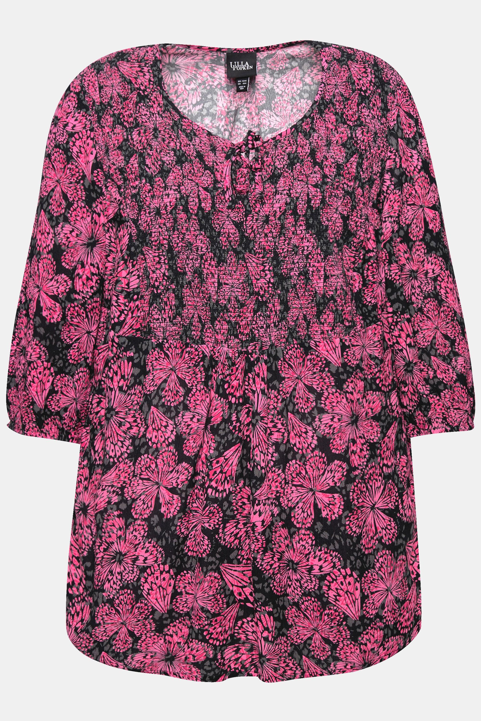 Ulla Popken  Blouse smockée, imprimé floral, col rond et manches 3/4 