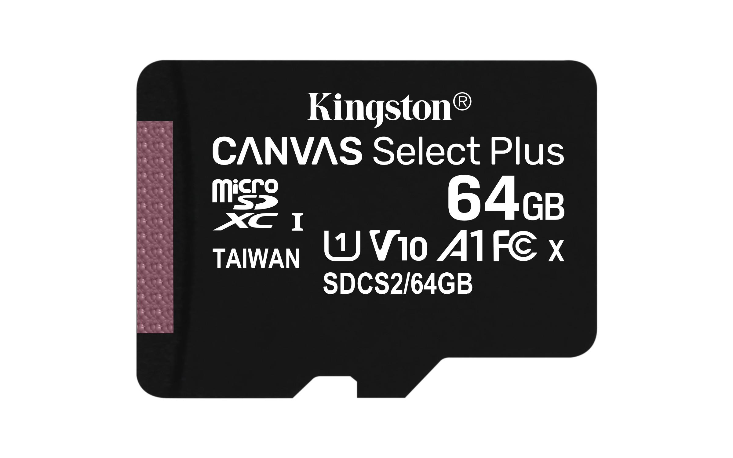 KINGSTON TECHNOLOGY  Kingston Technology Scheda micSDXC Canvas Select Plus 100R A1 C10 da 64GB confezione singola senza adattatore 