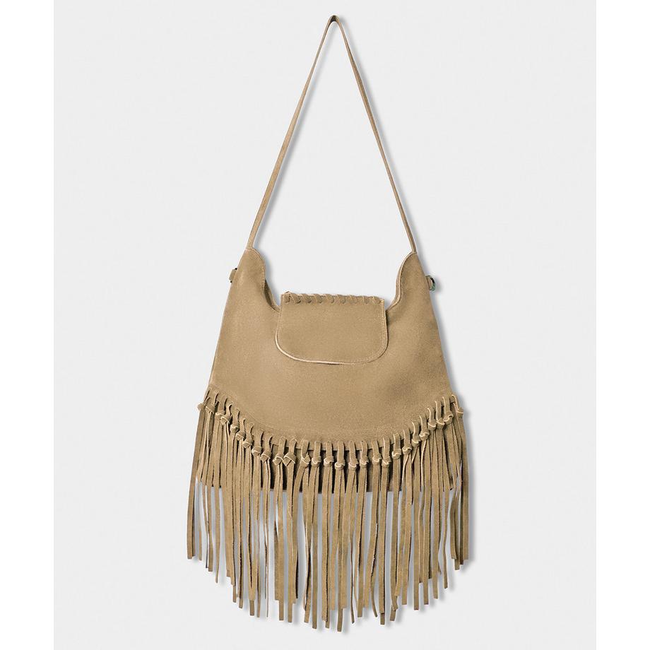 Veloursledertasche mit Quasten im Boho-Stil