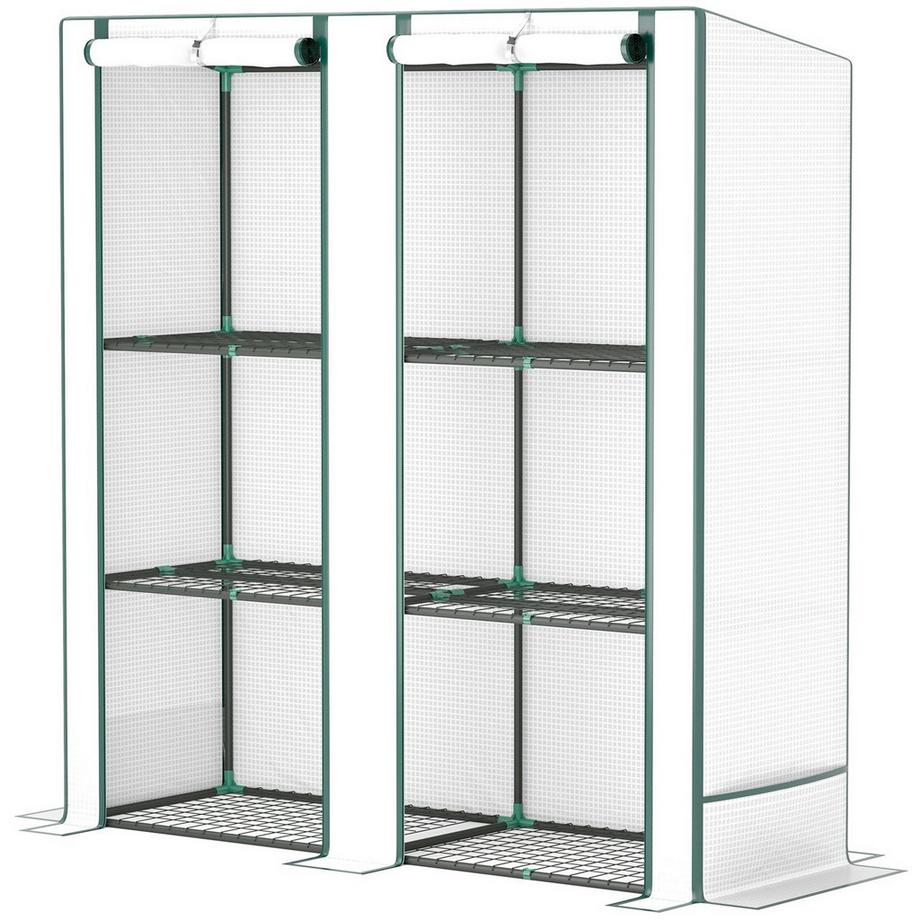 Serra con tetto spiovente, doppia porta, ripiani, serra in pellicola resistente all'inverno in acciaio, serra per balcone, giardino, serra per pomodori 144 x 48 x 152 cm, serra per pomodori, verdure, bianco