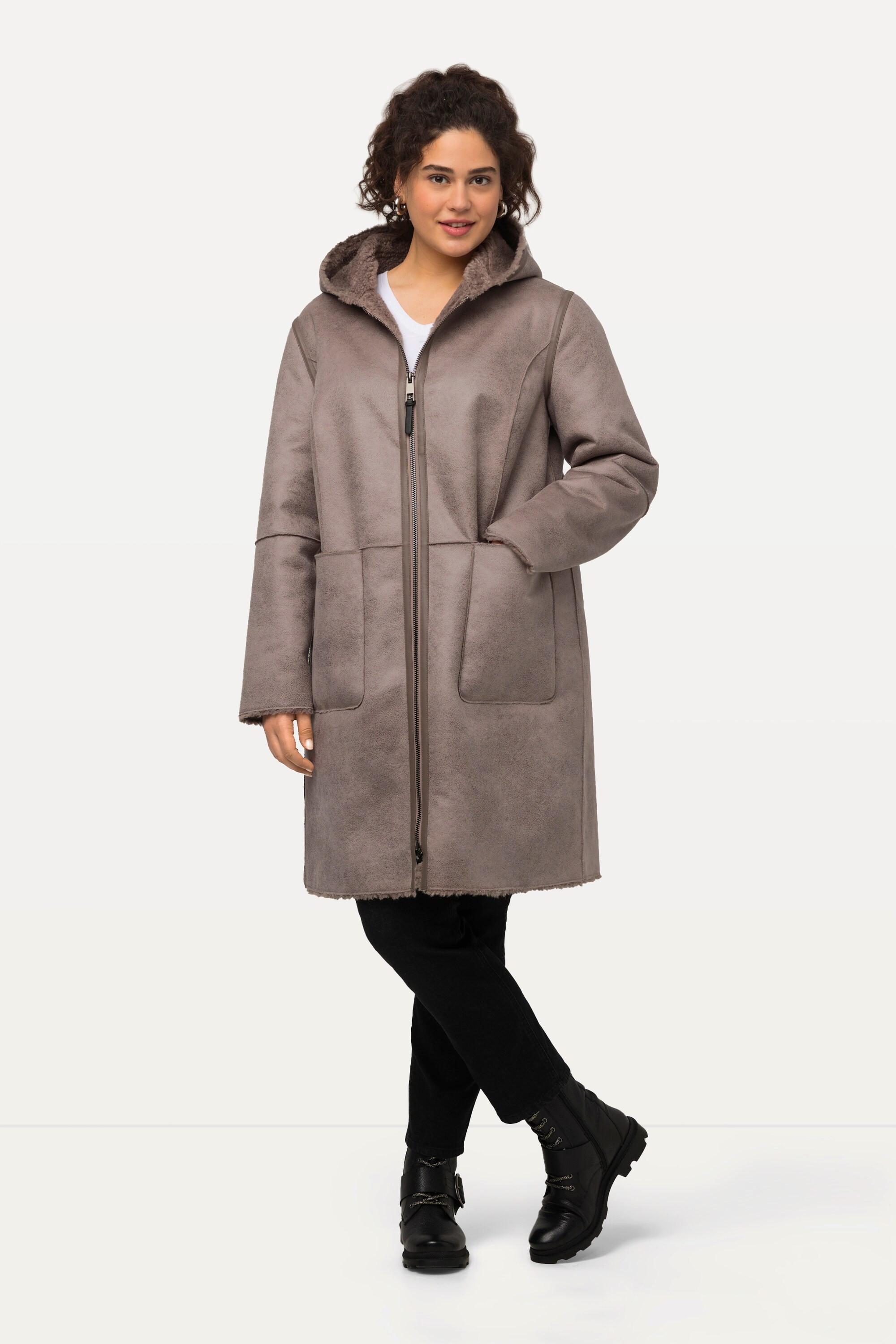 Ulla Popken  Shearling-Mantel, Lammfelloptik, 2-Wege-Zipper, Kapuze 