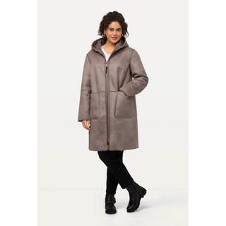 Ulla Popken  Shearling-Mantel, Lammfelloptik, 2-Wege-Zipper, Kapuze 