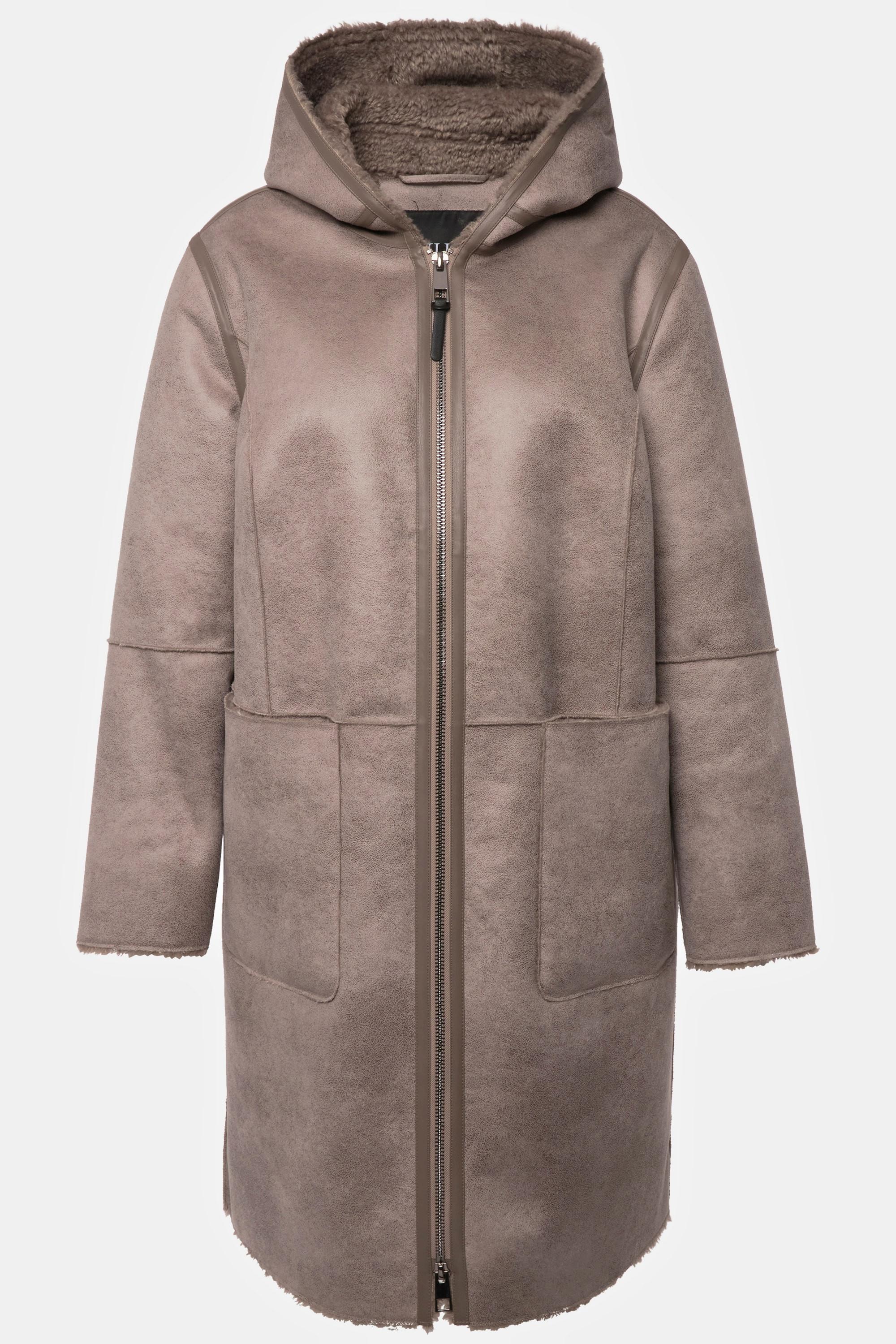 Ulla Popken  Shearling-Mantel, Lammfelloptik, 2-Wege-Zipper, Kapuze 